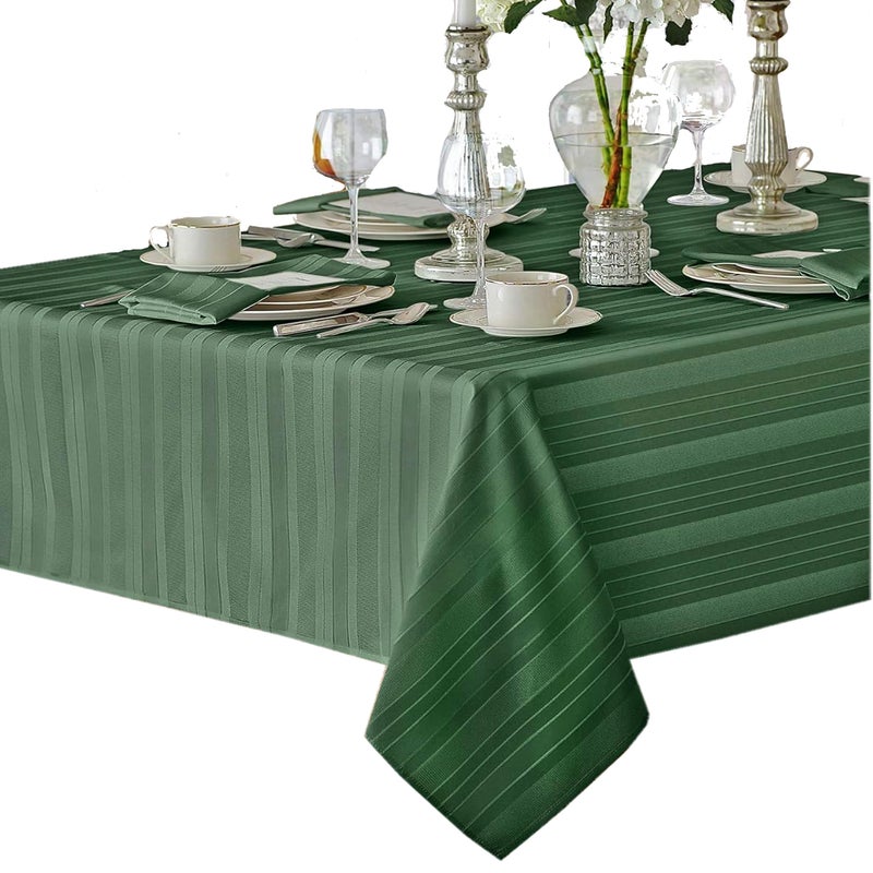 Newbridge Hunter Green Satin Stripe Fabric Tablecloth, 60 x 120 Inch Rectangle, Elegant Woven Stripe, Wrinkle Resistant Reusable Polyester Table Cover - Image 1